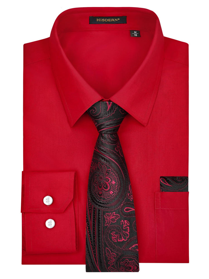 HISDERN Herrenhemd mit Krawatte und Einstecktuch, klassisches Button-Down-Shirt, passende Krawatte u