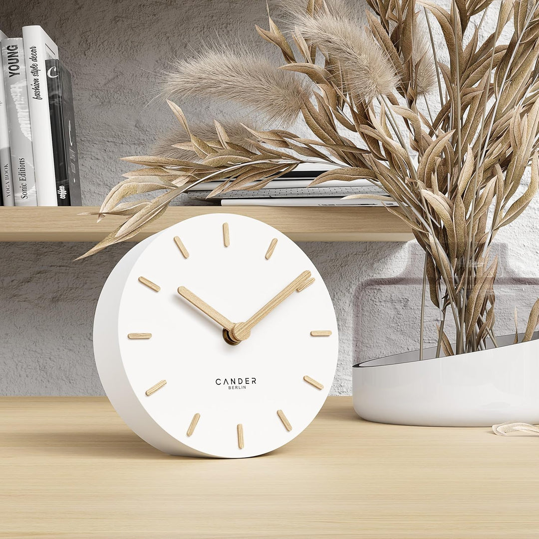Cander Berlin MNU 2515 F Tischuhr lautlos ohne Ticken 15 cm analog batteriebetrieben weiss MDF Holz-