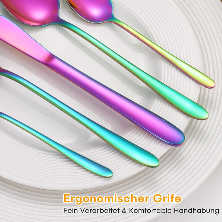 60 Teilig Besteck Set Regenbogen, Edelstahl Besteckset für 12 Personen, Essbesteck Set mit Abendesse