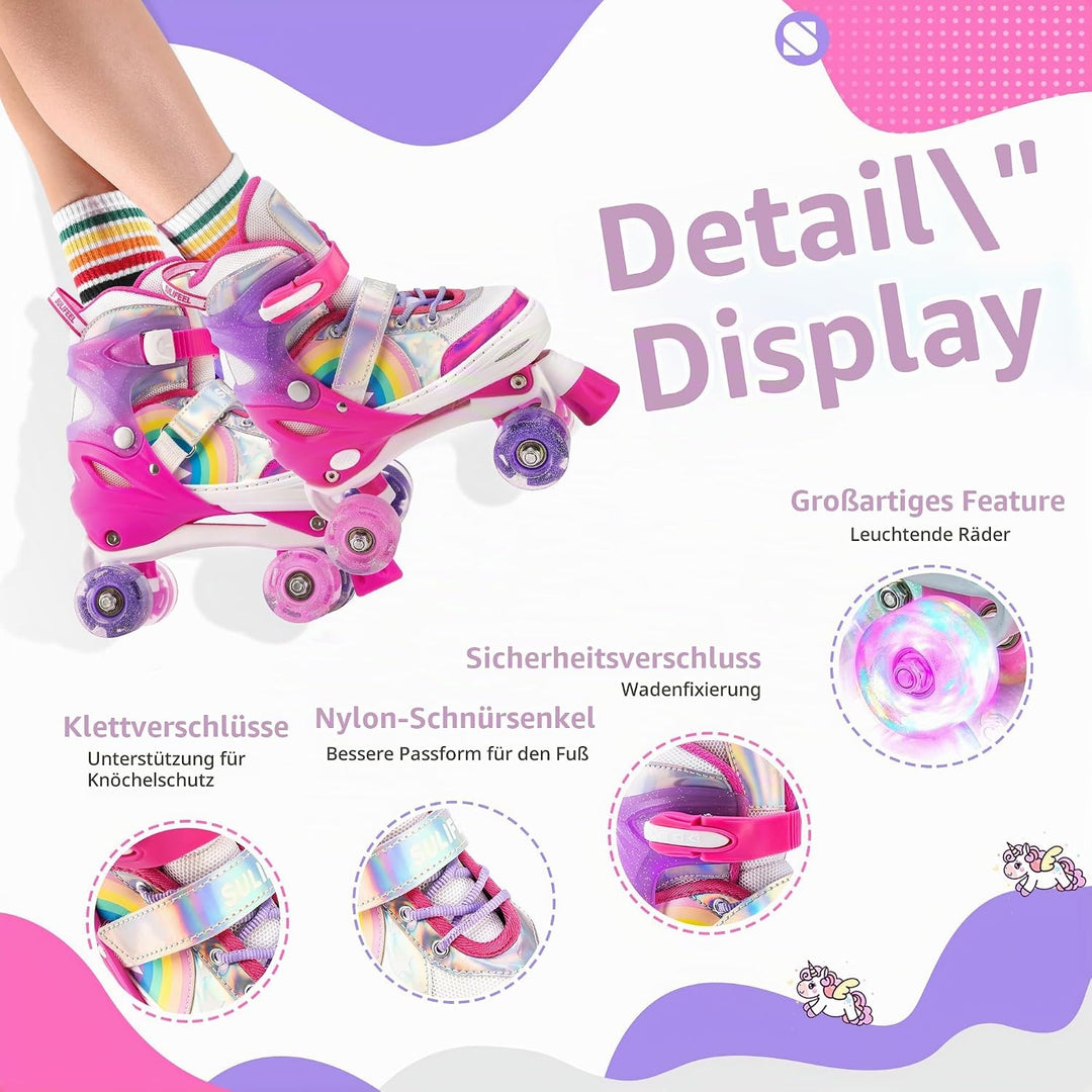 SULIFEEL Rainbow Unicorn Verstellbare Rollschuhe für Kinder mit Leuchtenden Rädern für Mädchen und J