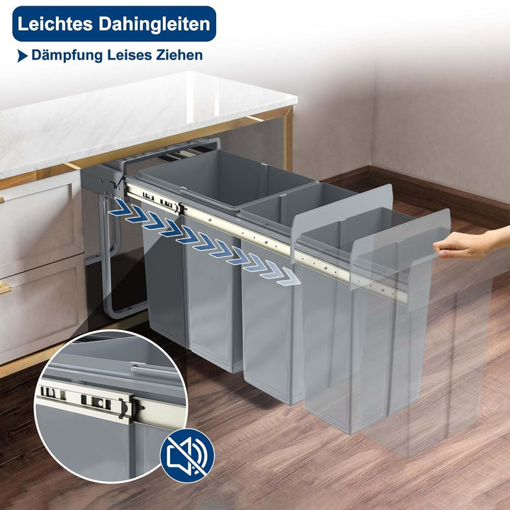 VA-Cerulean 2 Fächer Einbaumülleimer System, Grau, 48 x 26 x 41,8cm Herausnehmbare Eimer Mülltrennsy