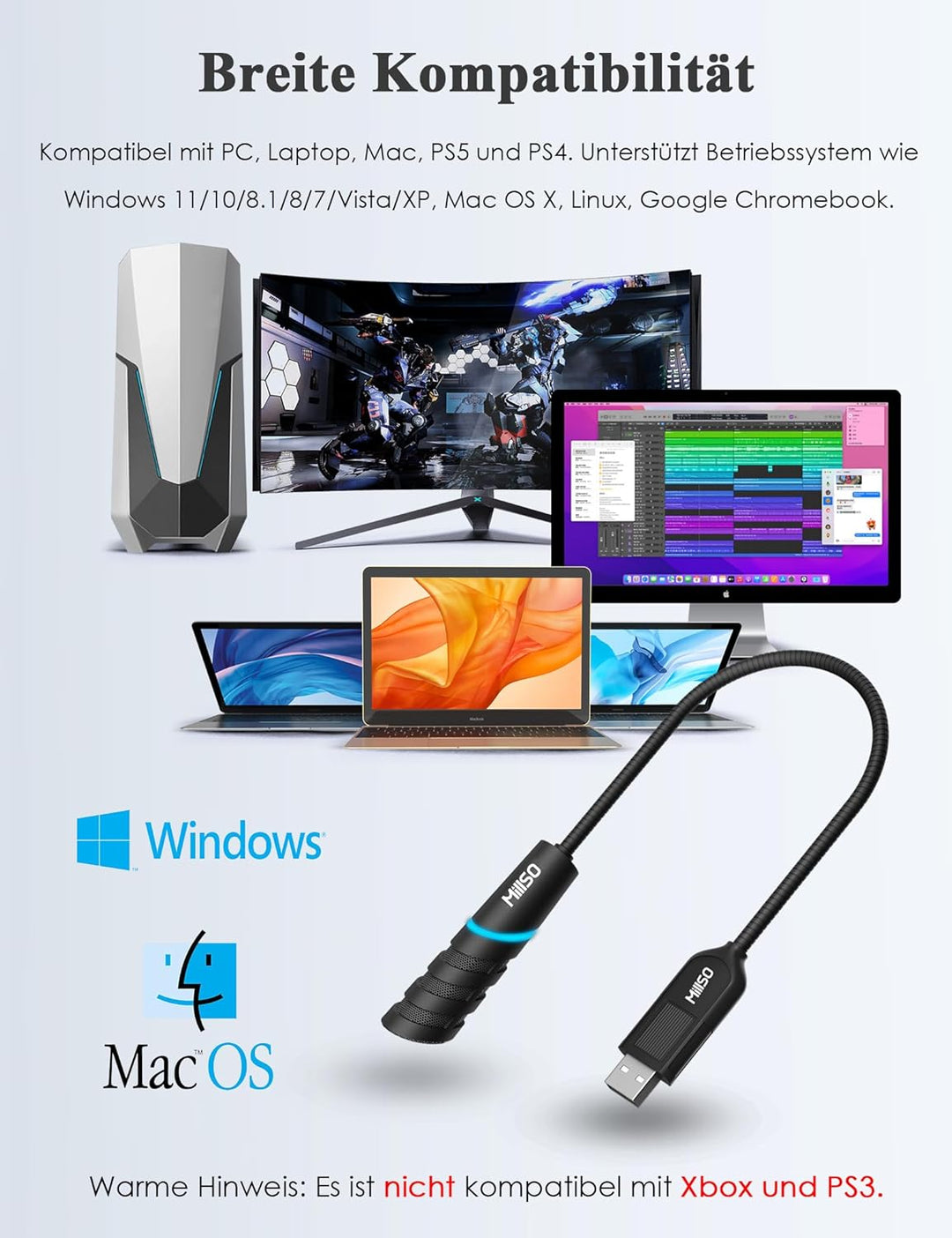 MillSO USB Computer Mikrofon mit Schwanenhalsdesign, Vielseitige Touch-Tasten und LED Anzeiger für P