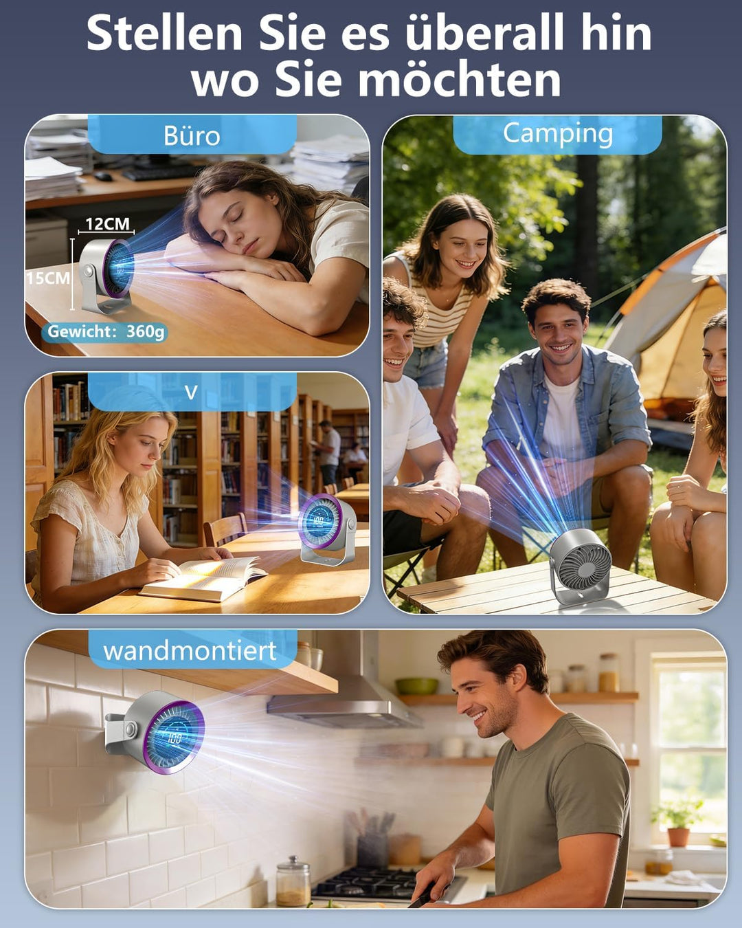 Mini Tischventilator sehr Leise, 4000mAh (14h Laufzeit) & stufenloser Geschwindigkeitsregelung(Max 1