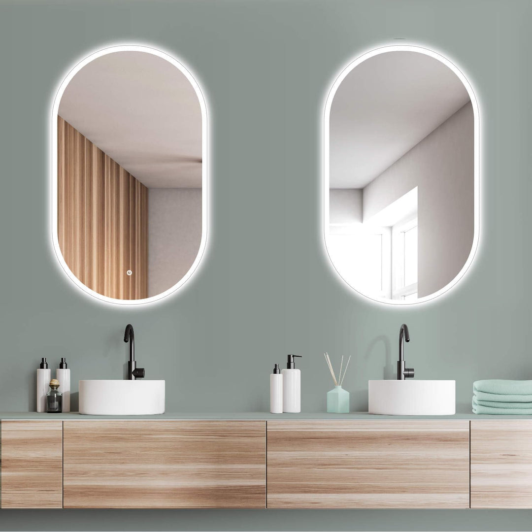 HOKO® LED Design Spiegel oval 45 x 75 cm. HOCH + QUER Montage möglich. Badspiegel LED beleuchtet, au