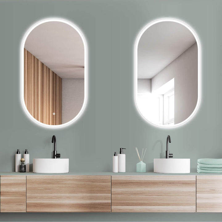 HOKO® LED Design Spiegel oval 45 x 75 cm. HOCH + QUER Montage möglich. Badspiegel LED beleuchtet, au