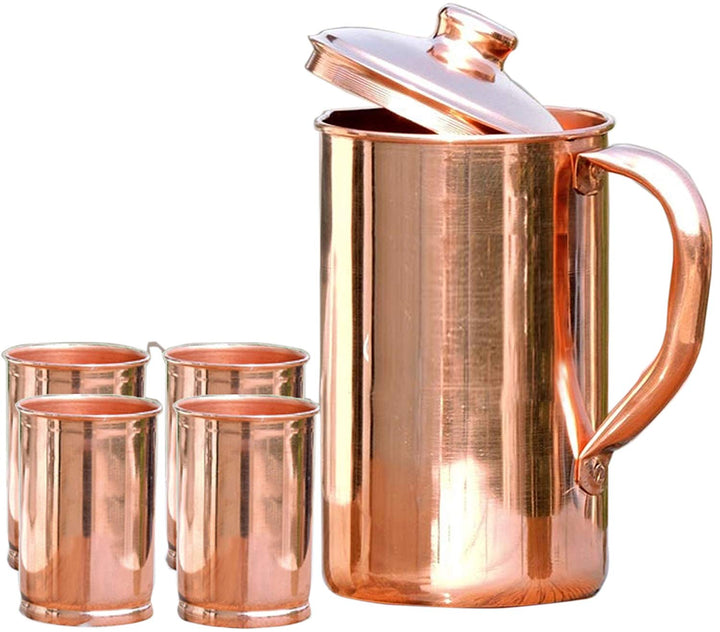 SKAVIJ reiner Kupferkrug mit deckel und 4 becher set fester wasserkrug (1,6 liter)