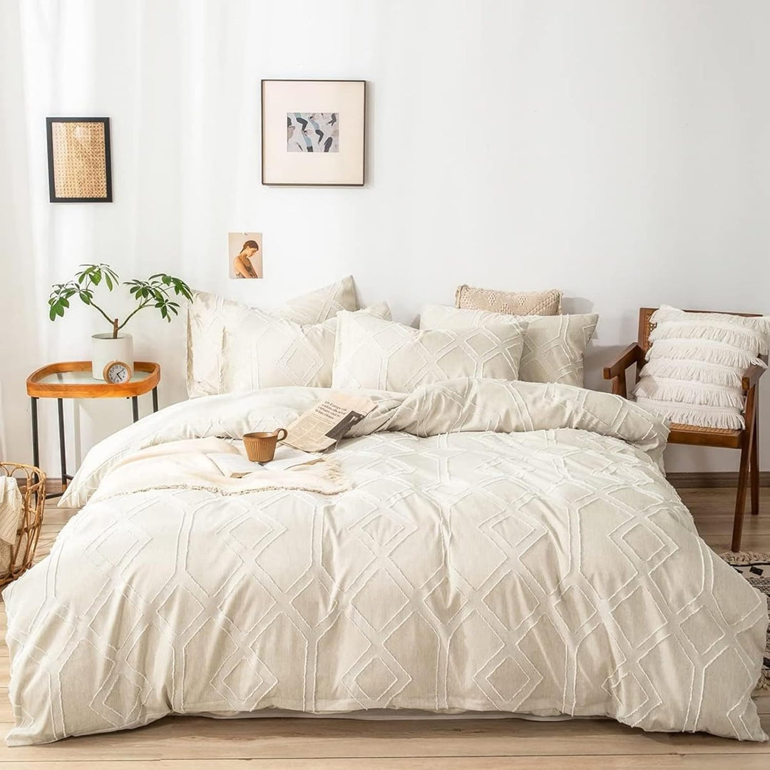 Freyamy BohoBettwäsche 135x200cm Getuftet Geometrische Beige Bettwäsche-Set Stickerei Modern Chic Mi