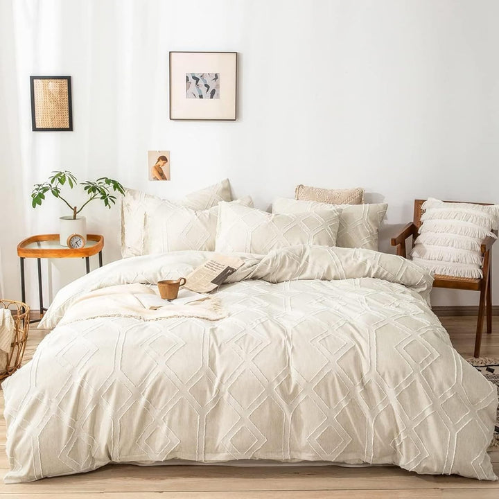 Freyamy BohoBettwäsche 135x200cm Getuftet Geometrische Beige Bettwäsche-Set Stickerei Modern Chic Mi