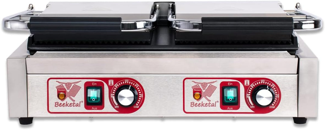 Beeketal 'BKG8' Gastro Doppelt Kontaktgrill mit Gusseisen Grillpatten (oben gerillt unten glatt) mit