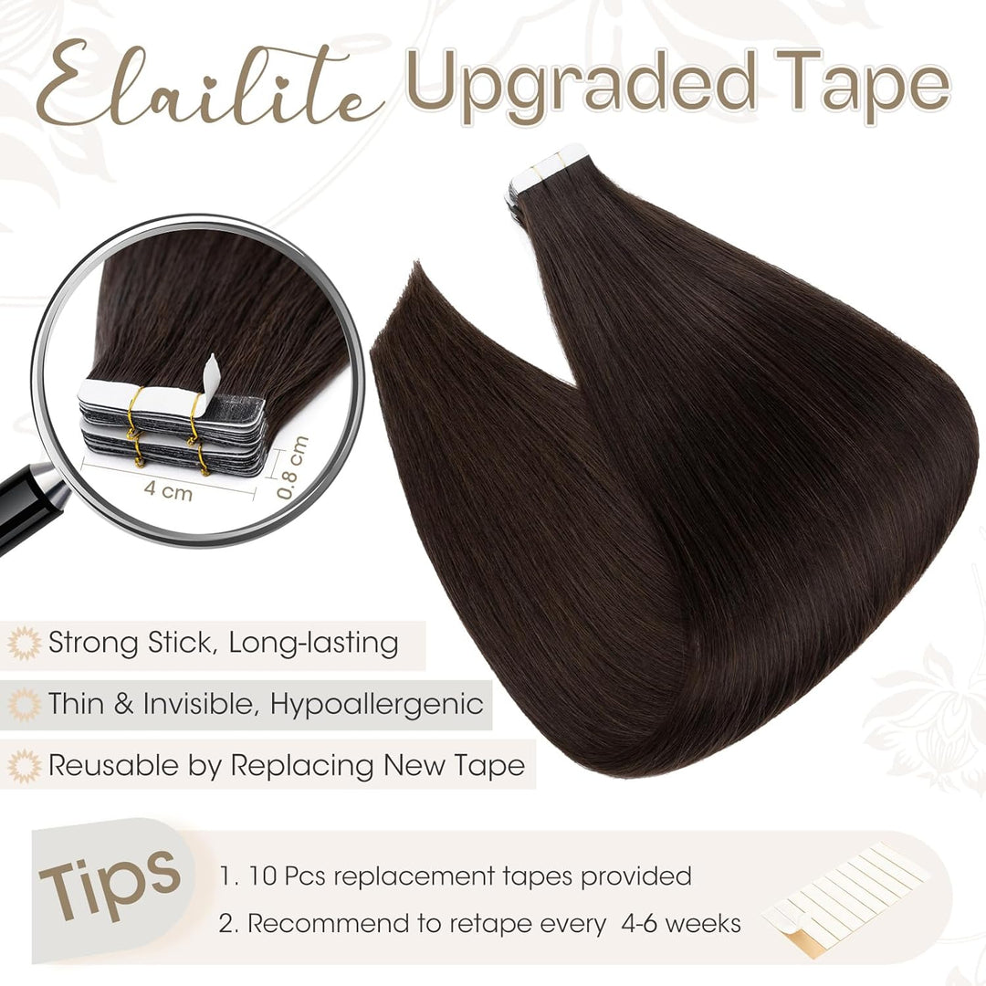 Elailite Echthaar Extensions Tape in #2 Dunkelbraun 20 stück Invisible Kleber Haarverlängerung Klebe