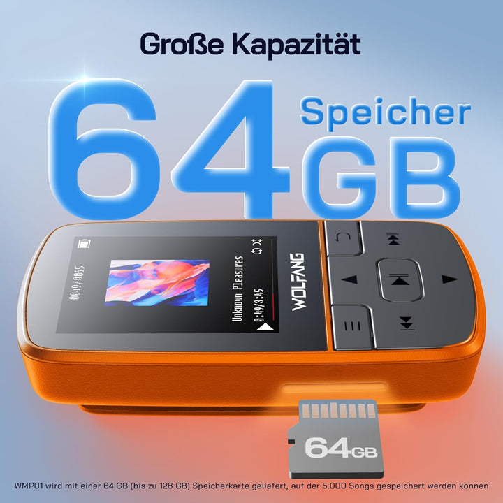 WOLFANG 64 GB MP3-Player mit Bluetooth 5.2, Sportclip, Mini-Grösse, Gewicht 28,3 g, HiF-FM-Radio, Di