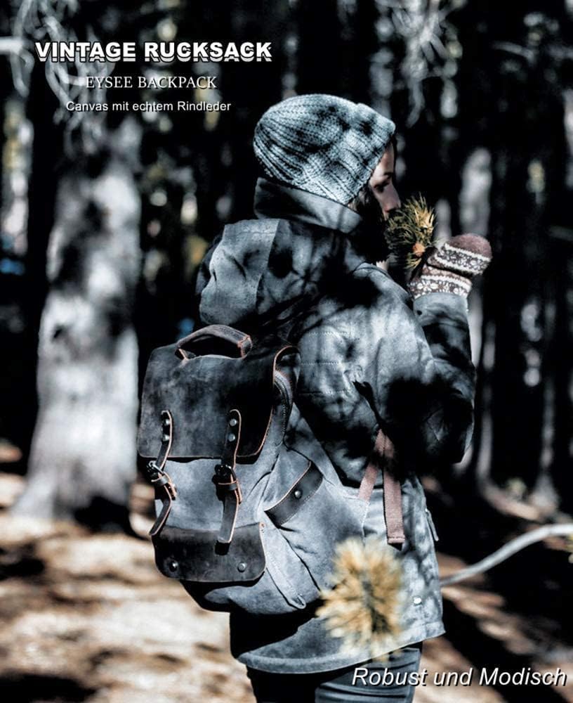 Eysee Daypack Herren Rucksack Canvas mit Leder- Vintage Rucksack Laptoprucksack für 15 Zoll Laptop U