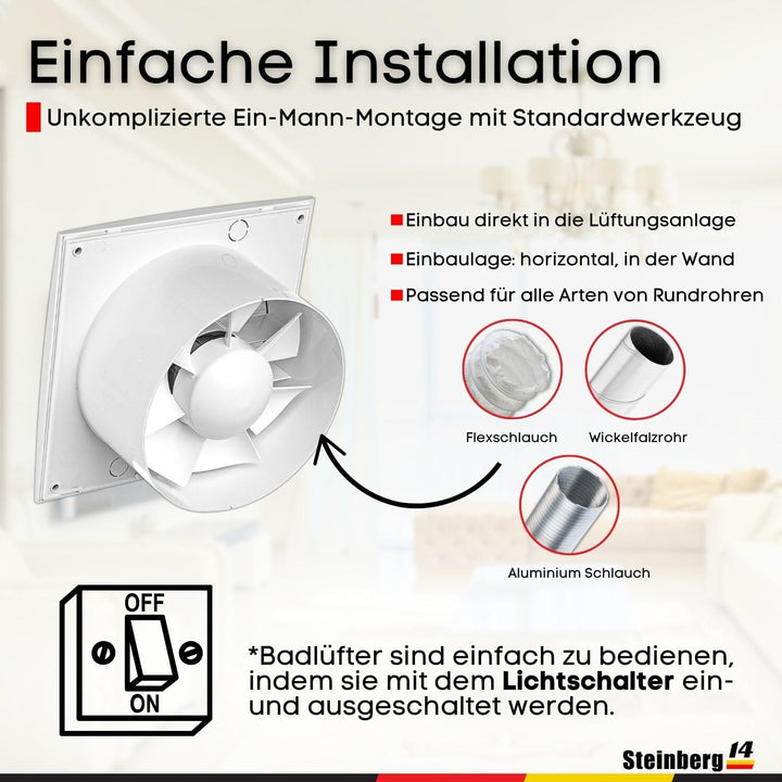 Steinberg14 Abluftventilator 150mm Badlüfter Fan - Weiss Ventilator zur Belüftung in Bad - Küche - g