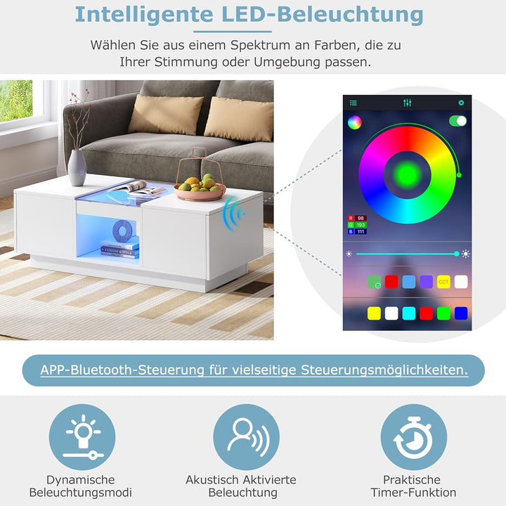 Merax Couchtisch Hochglanz mit LED Beleuchtung, Mitteltisch Teetisch für Wohnzimmer, Weiss Wohnzimme