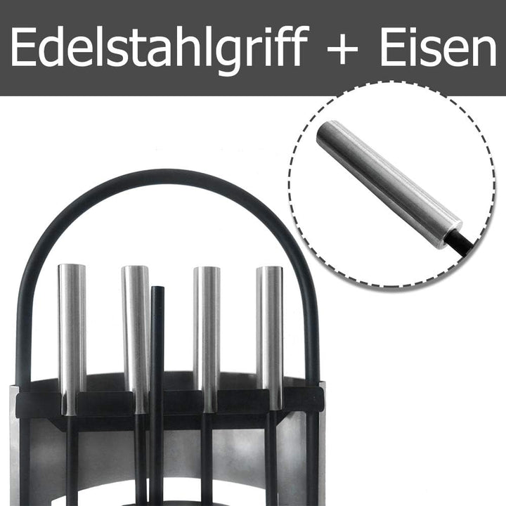 HENGMEI 5 teilig Kaminzubehör Edelstahl Kaminofen Kaminbesteck Set Kamingarnitur mit Standfuss, Bese