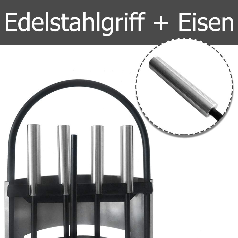 Yznahre Edelstahl Kaminbesteck Set 5 TLG, Modern Kamingarnitur Kaminwerkzeug mit Ständer, Besen, Zan