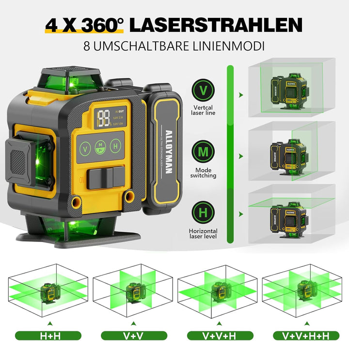 Alloyman Kreuzlinienlaser mit Stativ, 4×360°Laser Wasserwaage, 4D Selbstnivellierend Grün Linienlase
