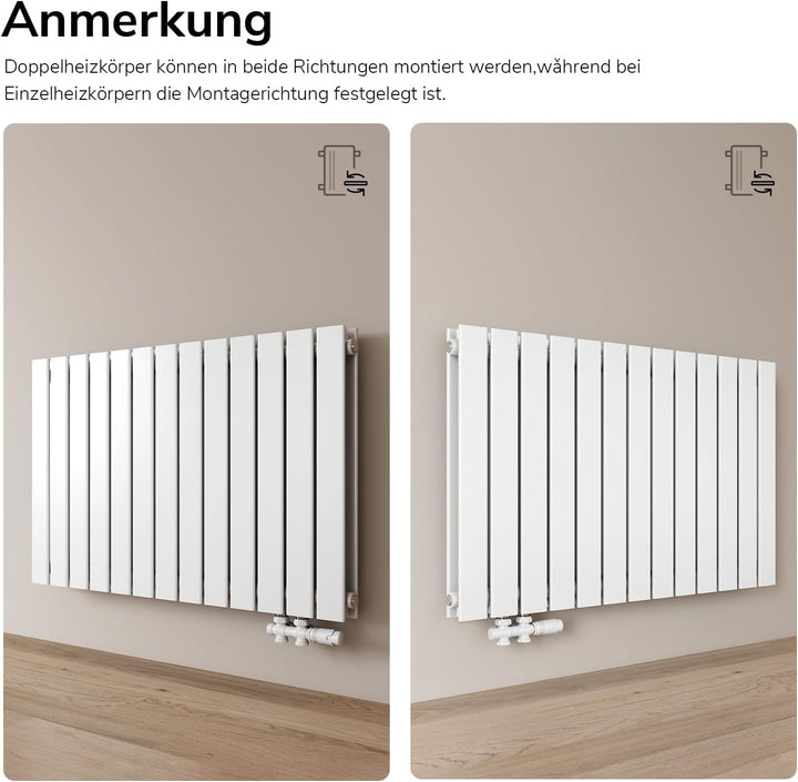 EMKE Design Heizkörper Flach, 630x616 mm Horizontal Flachheizkörper mit Seitenanschluss, Doppellagig