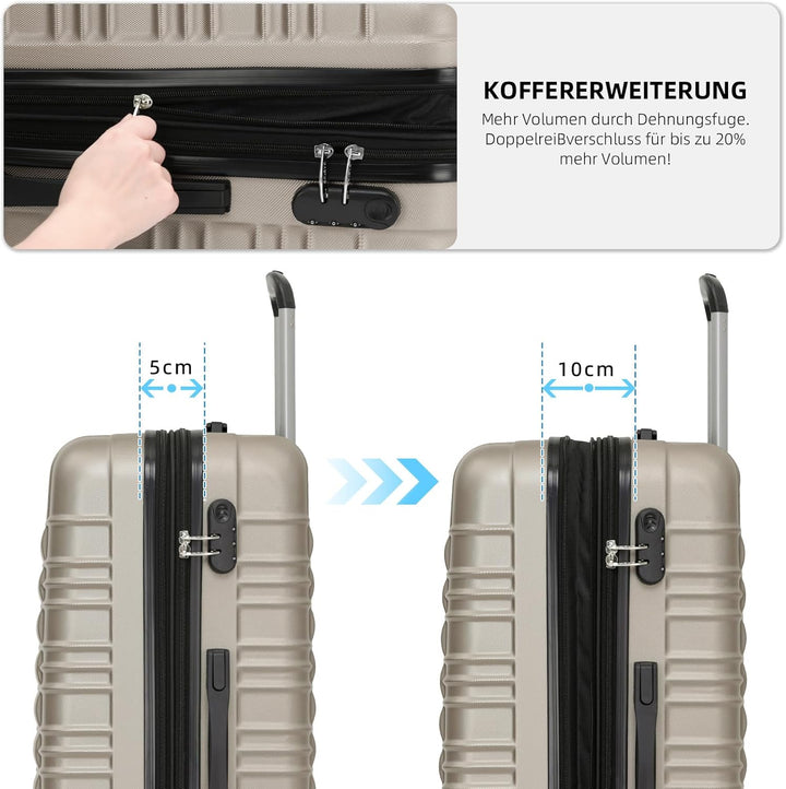 BEIBYE 2088 Zwillingsrollen Reisekoffer Koffer Trolleys Hartschale M-L-XL-Set (Champagner, L) Champa