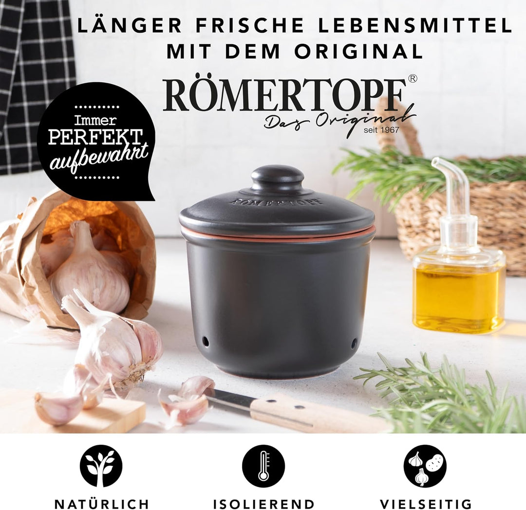 Romertopf Knoblauchtopf MINI 0,6 L Vorratstopf Keramik, Schwarz