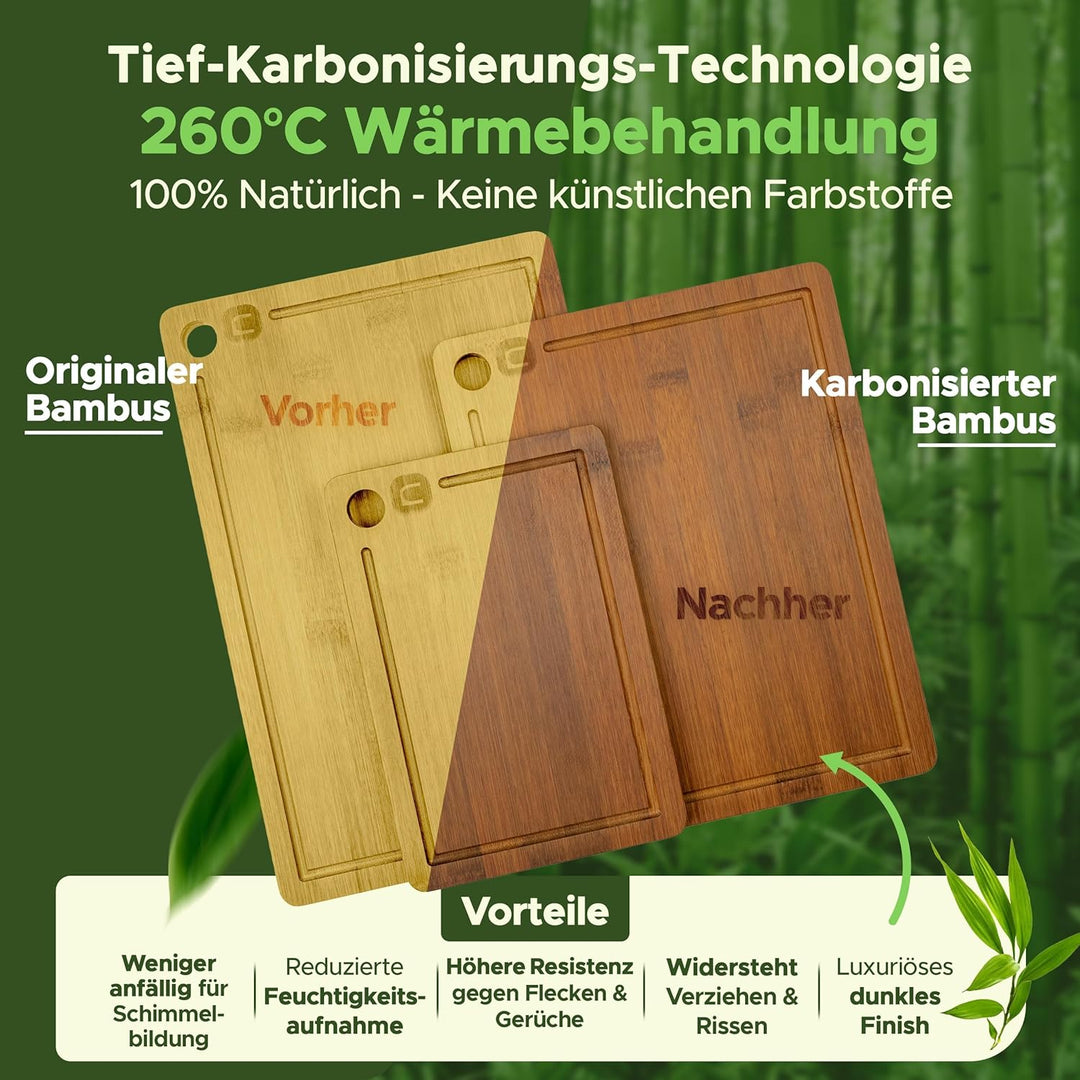 naturlik Schneidebrett Set 3er Karbonisiert - Bambus Schneidebrett Dunkel mit Saftrille - Nachhaltig