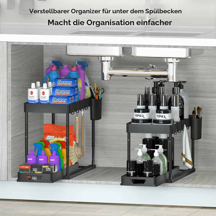 SKYSER Unter Waschbecken Regal Küche Organizer 2-stöckiger Schubladen-Organizer Anhebbares Schrank O