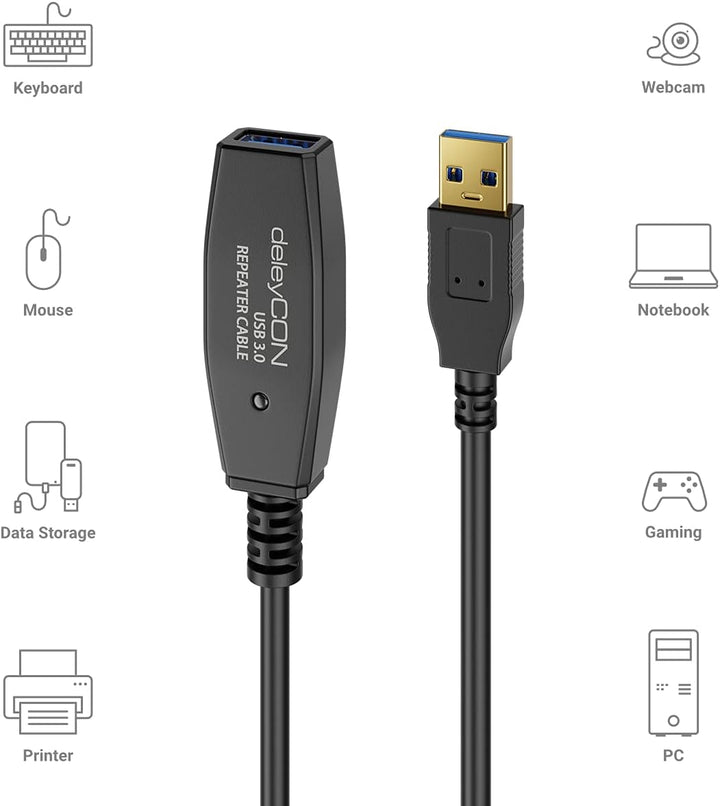 deleyCON 5m Aktives USB 3.0 Kabel Aktive Verlängerung mit 1 Signalverstärker & Netzteil USB3.0 Repea