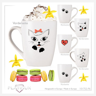 PLATINUX Kaffeetassen mit Griff Set 6 Teilig mit Katzen Motiv 250ml Teetasse Tasse Kaffeebecher Teeb