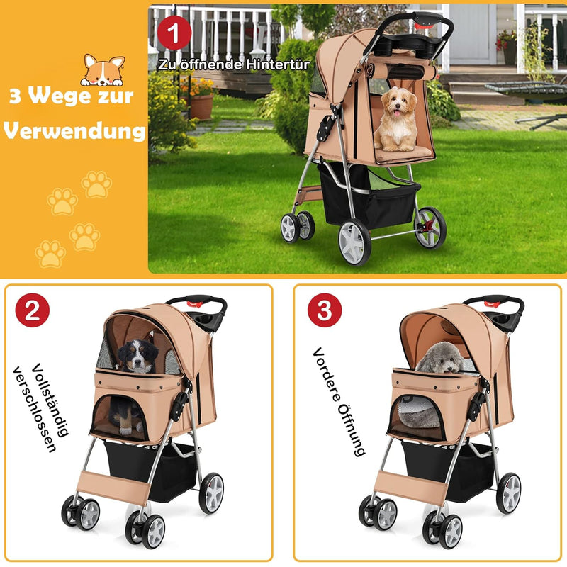 COSTWAY Hundewagen Haustiere Buggy bis 15kg, Hundebuggy mit Netzfenstern & Getränkehalter & Anhänger