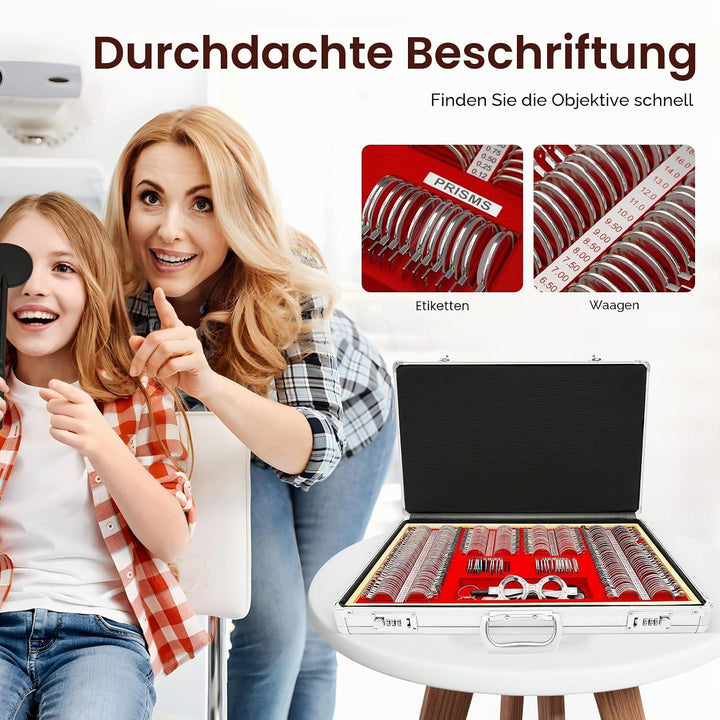 266Pcs Testlinsen-Set, 57x36x9.5cm Optisch Messbrille Linse Augenoptiker Metal Optometry Optical Tri