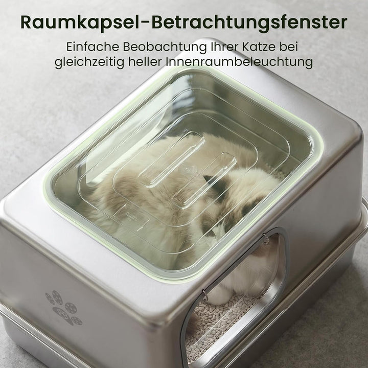 PTLOM XXL Katzenklo Edelstahl, Auslaufsicheres Katzenklo mit Deckel, grossem Metall-Streubehälter, G