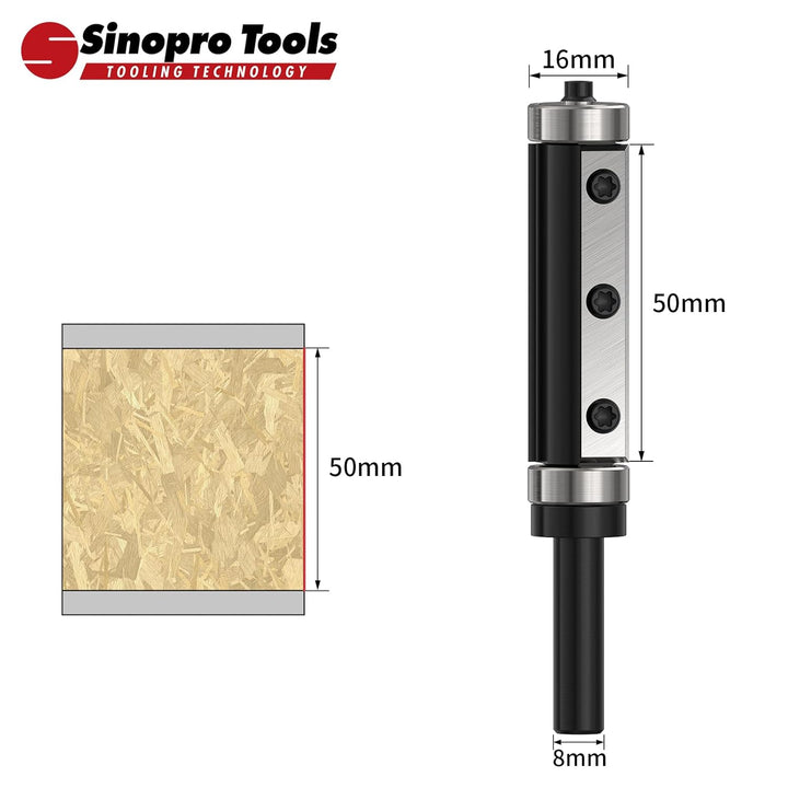 Sinoprotools Wendeplatten Bündigfräser HW – 8 mm Schaft, 16 mm Schneidendurchmesser, 50 mm Schneiden