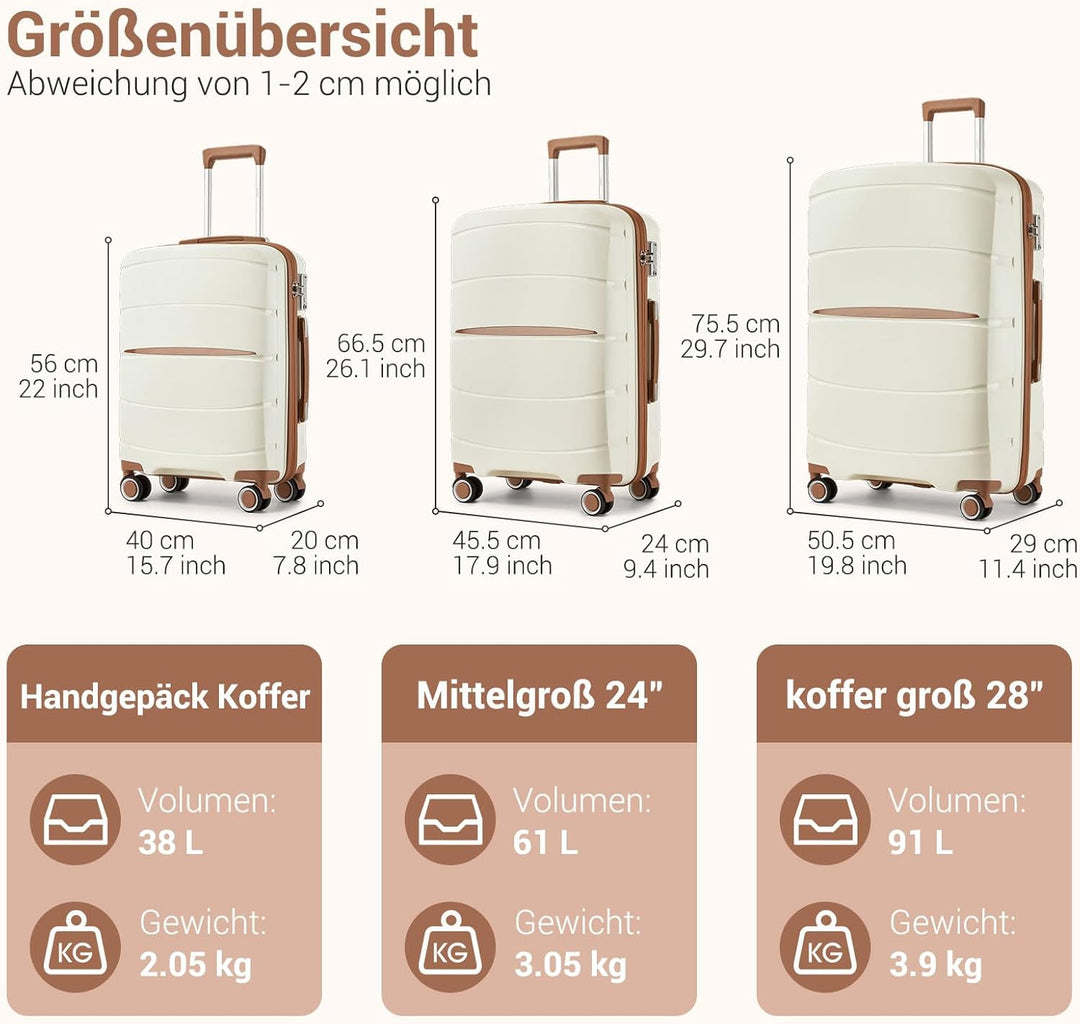 KONO Kofferset 3 Teilig Hartschale Leicht Polypropylen Koffer Handgepäck/Mittelgross/Gross Reisekoff