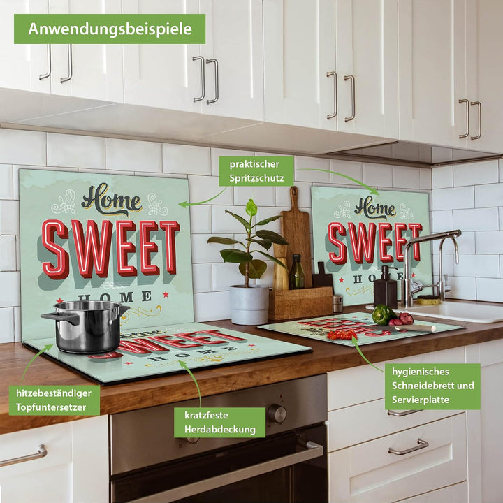 banjado® Herdabdeckplatte Glas 1-teilig 60x52 cm/Schneidebrett Herdabdeckung mit Motiv Home Sweet Ho