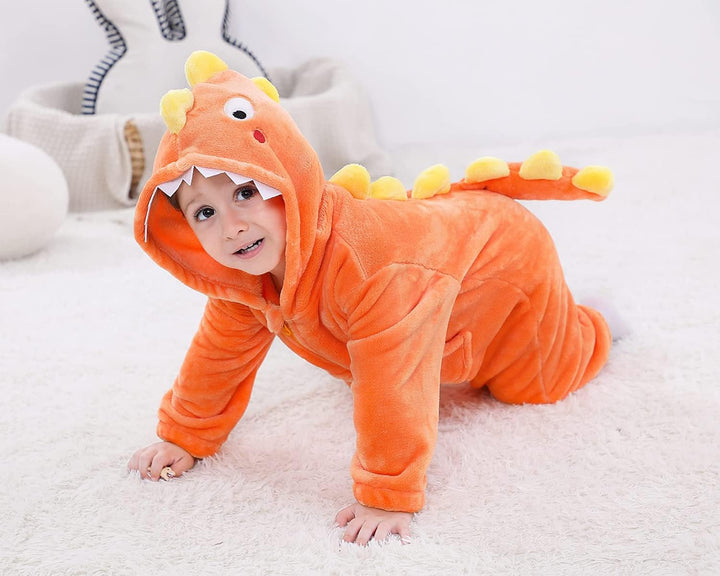 LOLANTA Kinder Dinosaurier Kostüm, Kinder Tier Flanell Strampler Overall, 1-2 Jahre Orange