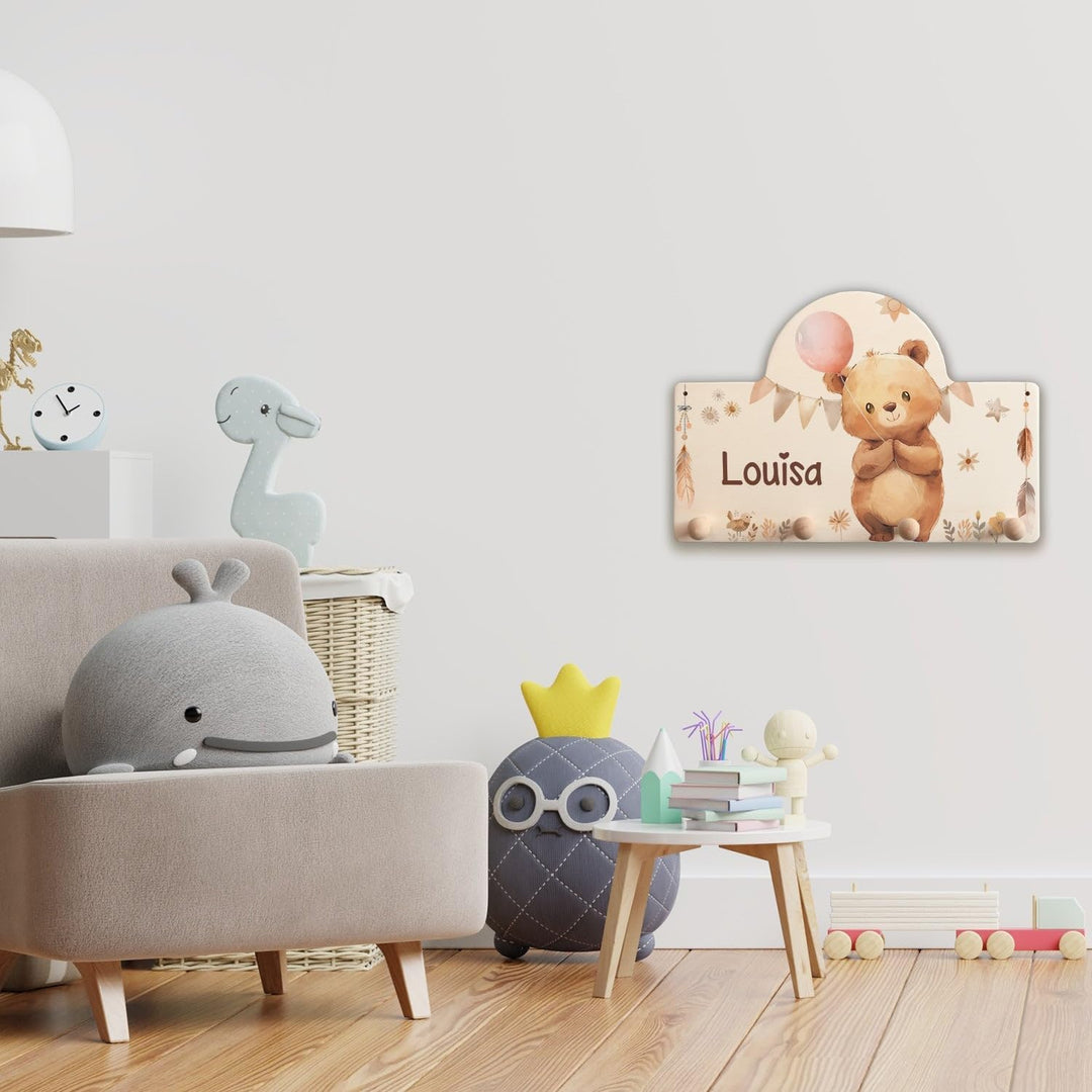 GRAVURZEILE Personalisierte Kindergarderobe - Bär - Personalisiert mit Name - Garderobe aus Holz mit
