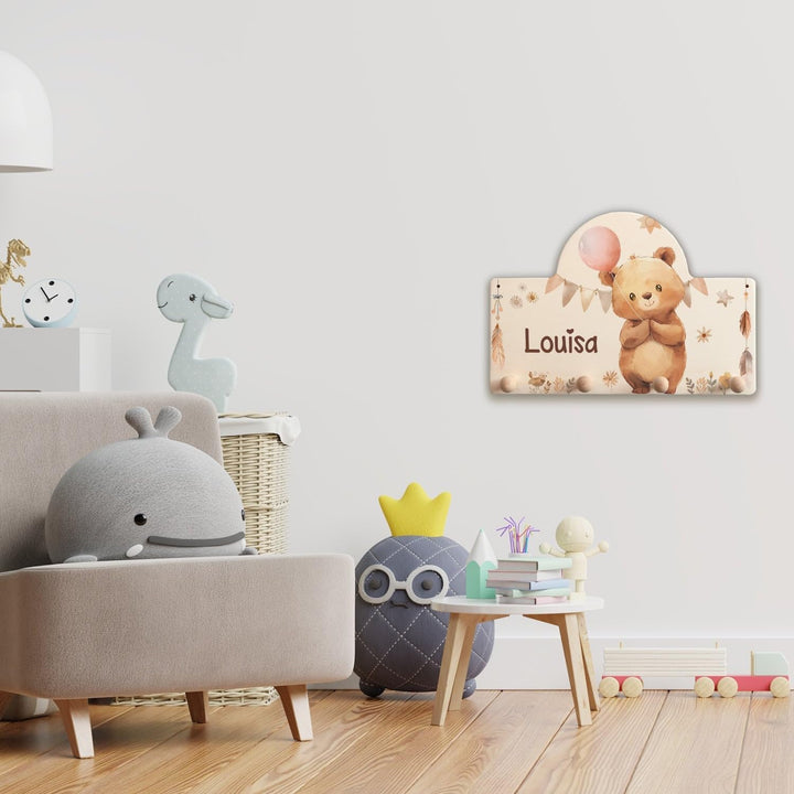 GRAVURZEILE Personalisierte Kindergarderobe - Bär - Personalisiert mit Name - Garderobe aus Holz mit