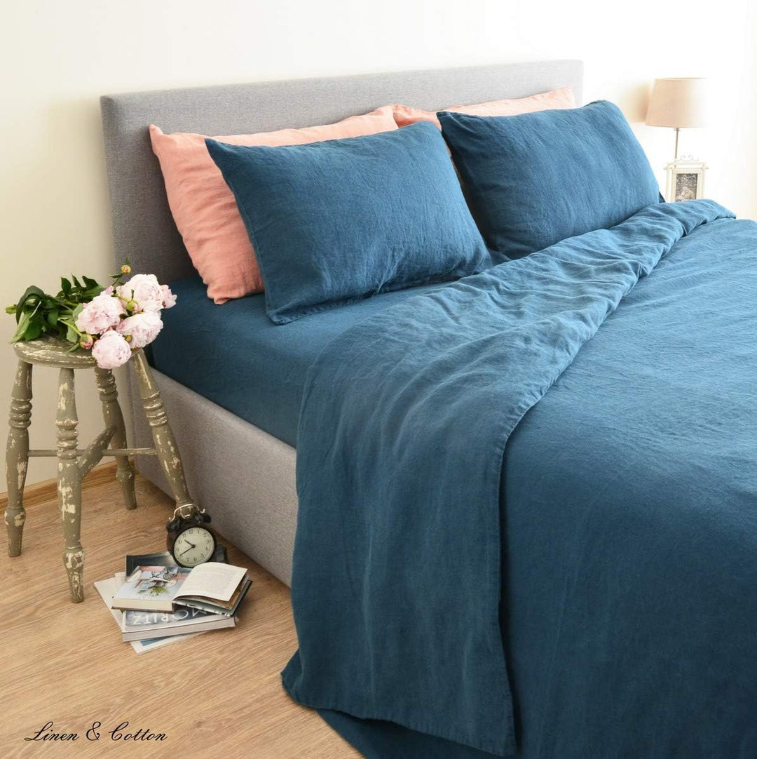 Linen &amp; Cotton Weicher Griff Bettwäsche Set Alicia -100% Leinen Gewaschen, Petrol Blau (200 x 200 cm