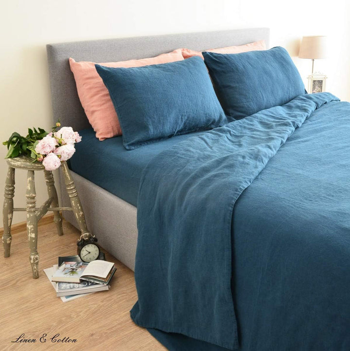 Linen &amp; Cotton Weicher Griff Bettwäsche Set Alicia -100% Leinen Gewaschen, Petrol Blau (140 x 200 cm