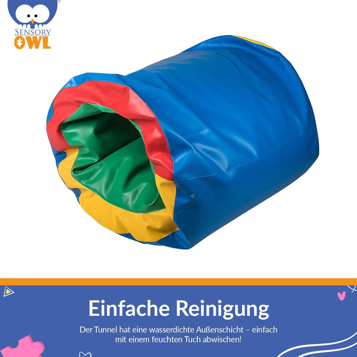 Sensory Owl Sensorischer Tunnel Pouf Mit Füllung 2in1 Für Kinder 90 x 70 cm Sitzkissen Sinnestunnel