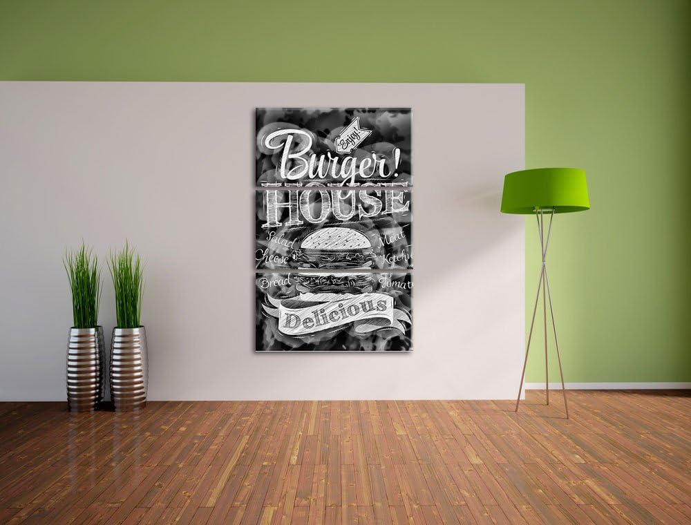 Pixxprint Burger House / 3-Teilig/Gesamtmass 120cm Leinwandbild bespannt auf Holzrahmen/Wandbild Kun