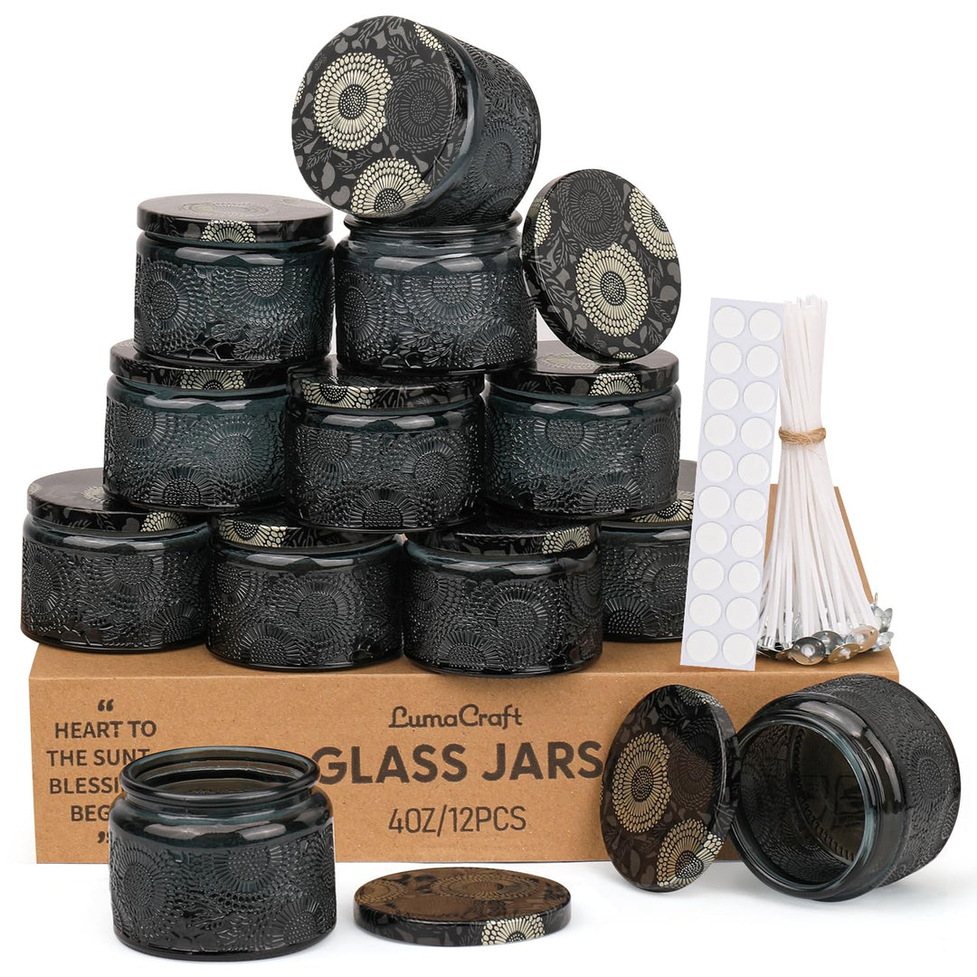 LumaCraft Candle Luxus Relief Kerzengläser zum Kerzen giessen-12er Pack Leere Glasgefässe mit Luftdi