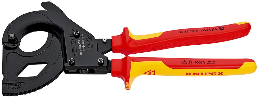 Knipex Kabelschneider (Ratschenprinzip) für stahlarmierte Kabel (SWA-Kabel) schwarz lackiert, isolie