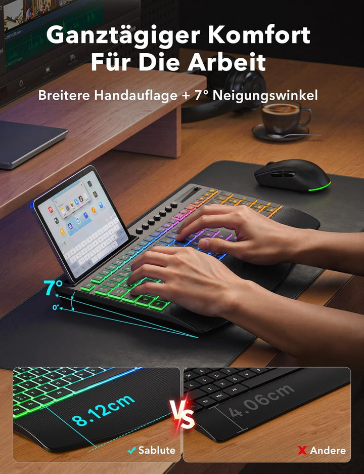 Tastatur Maus Set kabellos Beleuchtete, Wiederaufladbare Tastatur mit 4000 mAh Akku, Telefonhalter,