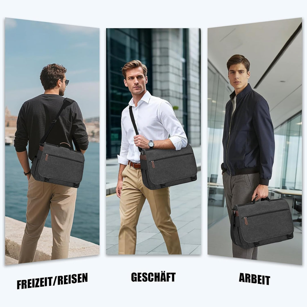 Eshow Umhängetasche Herren Wasserabweisend, Laptoptasche 17,3 Zoll aus Echtleder und Canvas, Messeng