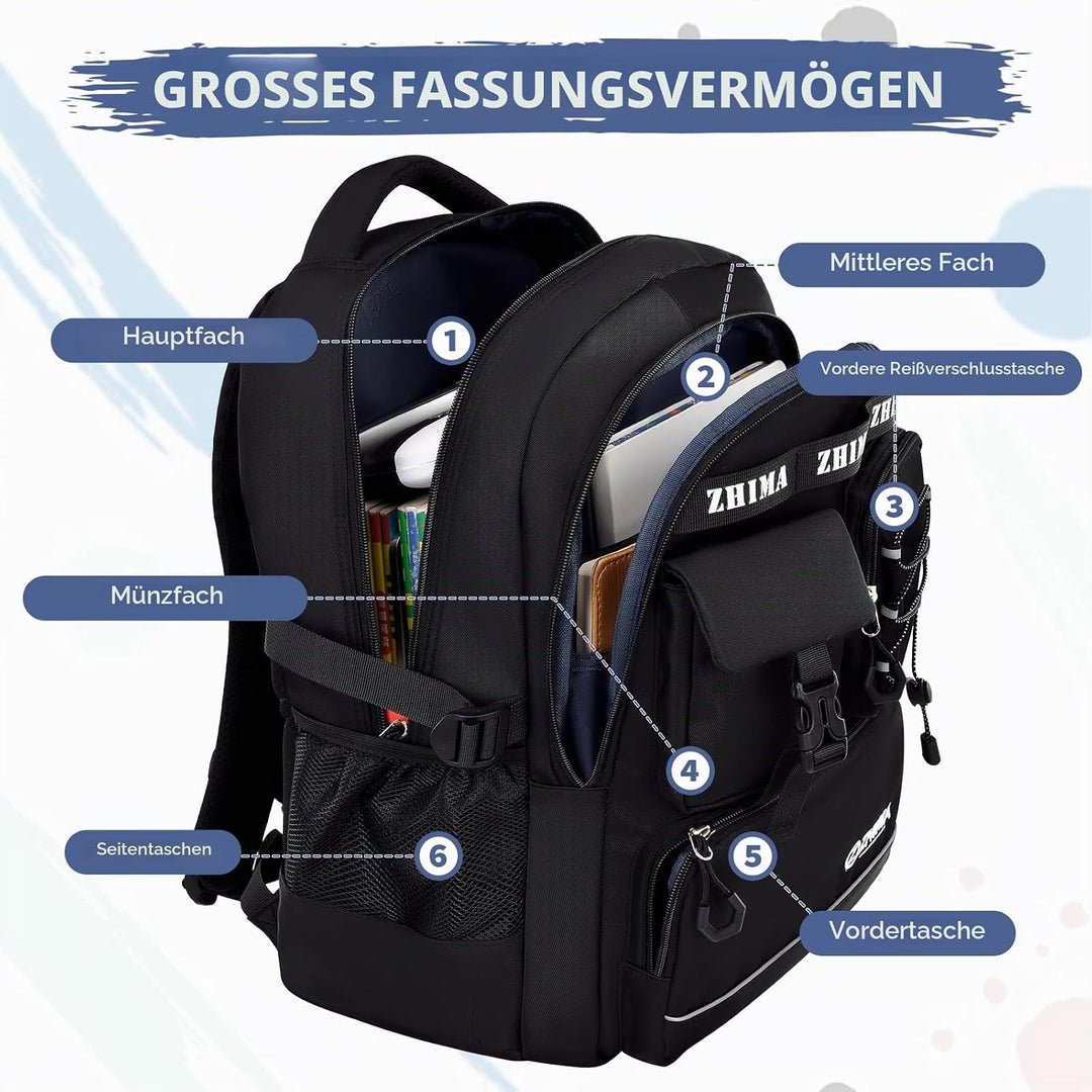 Schulrucksack Jungen Teenager, Rucksack Schule Gymnasium Oberstufe Schulranzen mit Reflektoren für 1
