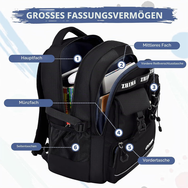 Schulrucksack Jungen Teenager, Rucksack Schule Gymnasium Oberstufe Schulranzen mit Reflektoren für 1