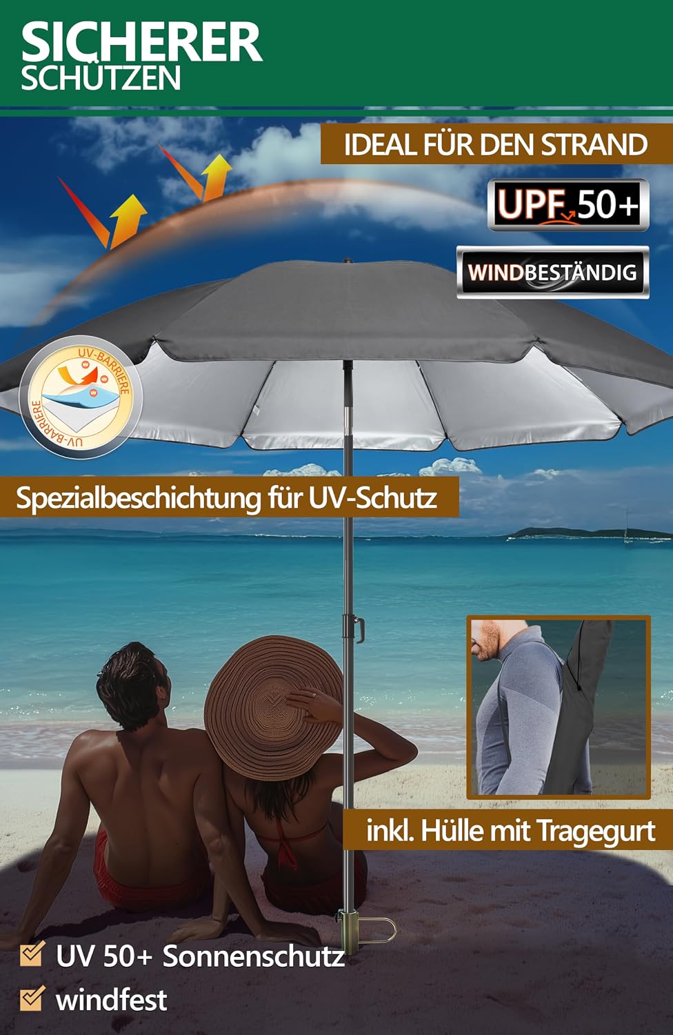 4smile Sonnenschirm Strand SunnyJoy Modern im 3er-Set, Anthrazit - Strandschirm windfest stabil 180