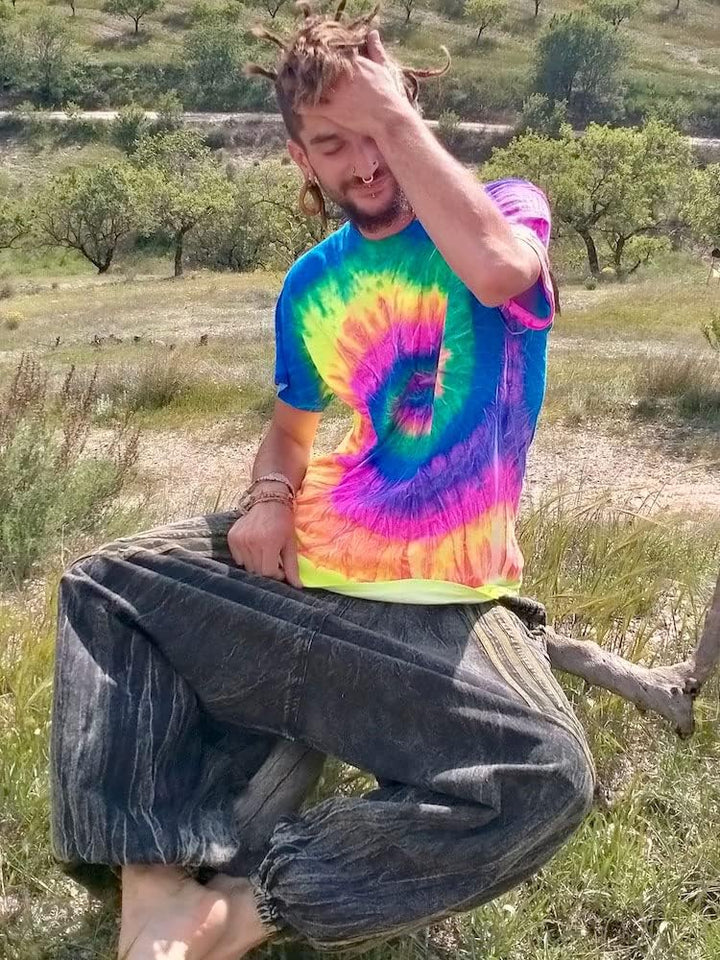 Batik T-Shirt Neon Rainbow Festival Hippie Goa Psytrance (L), L