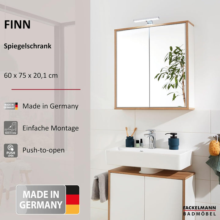 FACKELMANN Finn Spiegelschrank (60 x 75 x 20,5 cm) – Wandschrank mit Spiegel hängend mit 2 Einlegebö